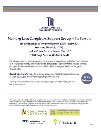 Memeory Loss Caregiver Support Group flyer