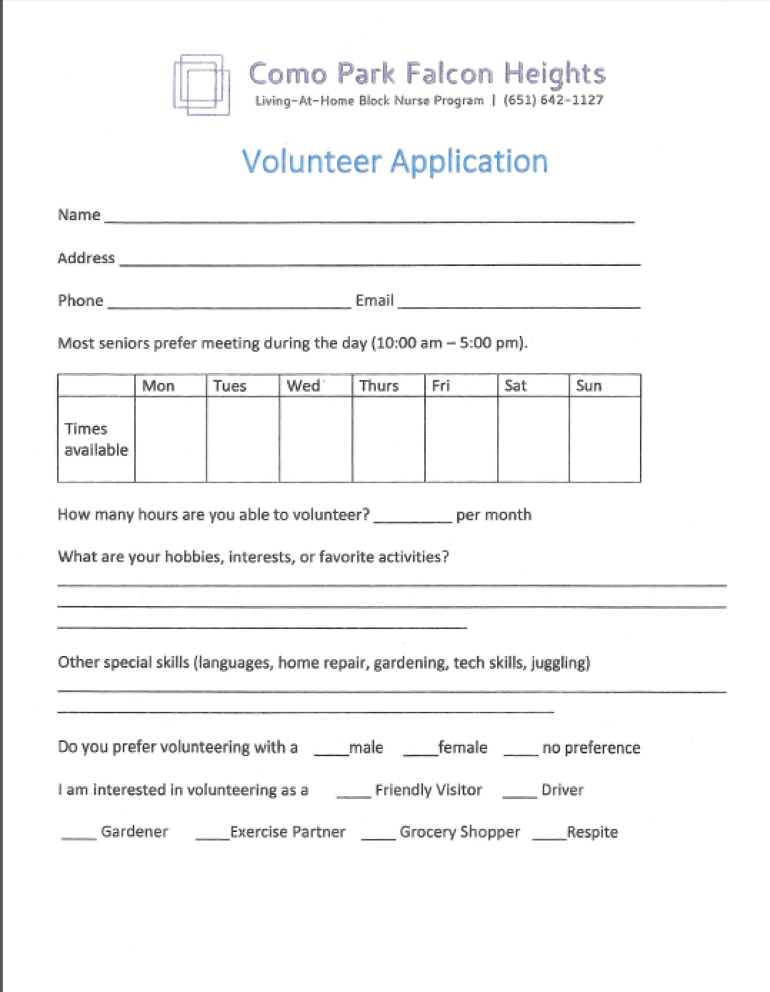 Volunteer Application to download and mail in